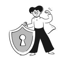 Illustration of a hero confidently showing strength, holding a shield with a key symbol representing security with ZownSafe