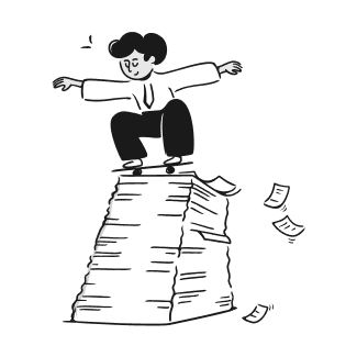 A person skating on top of a pile of papers, symbolizing skipping document uploads.