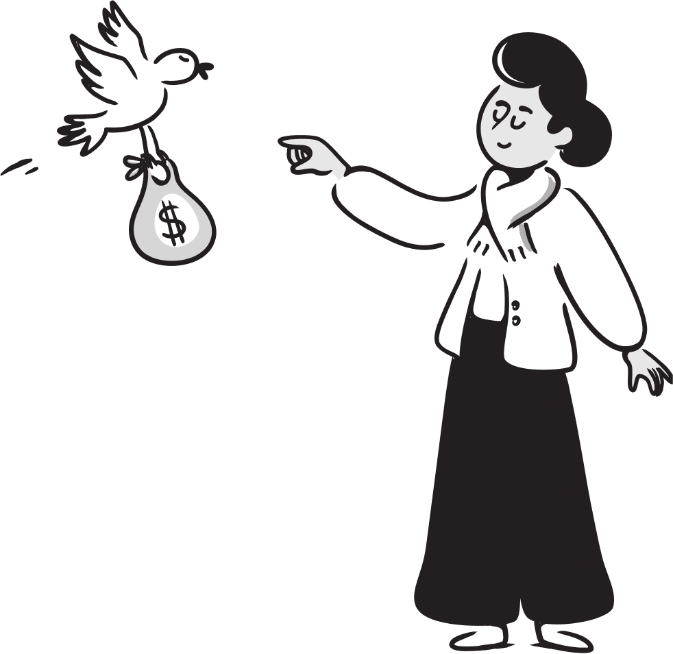 Illustration of a bird delivering money to a person, symbolizing the commission calculator's ability to estimate profits from selling your property