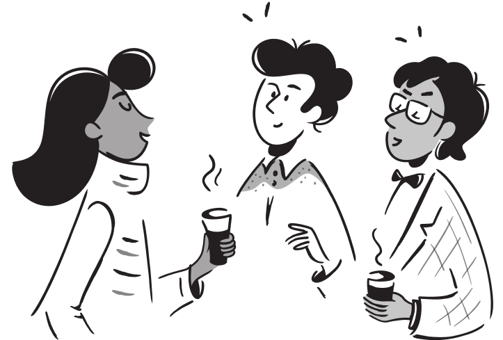 Three individuals holding coffee cups, having a discussion, representing collaboration and financial planning