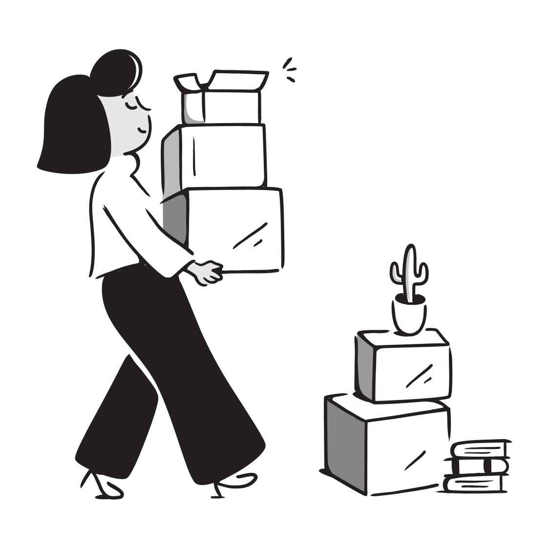 A woman carrying moving boxes, representing the home selling process