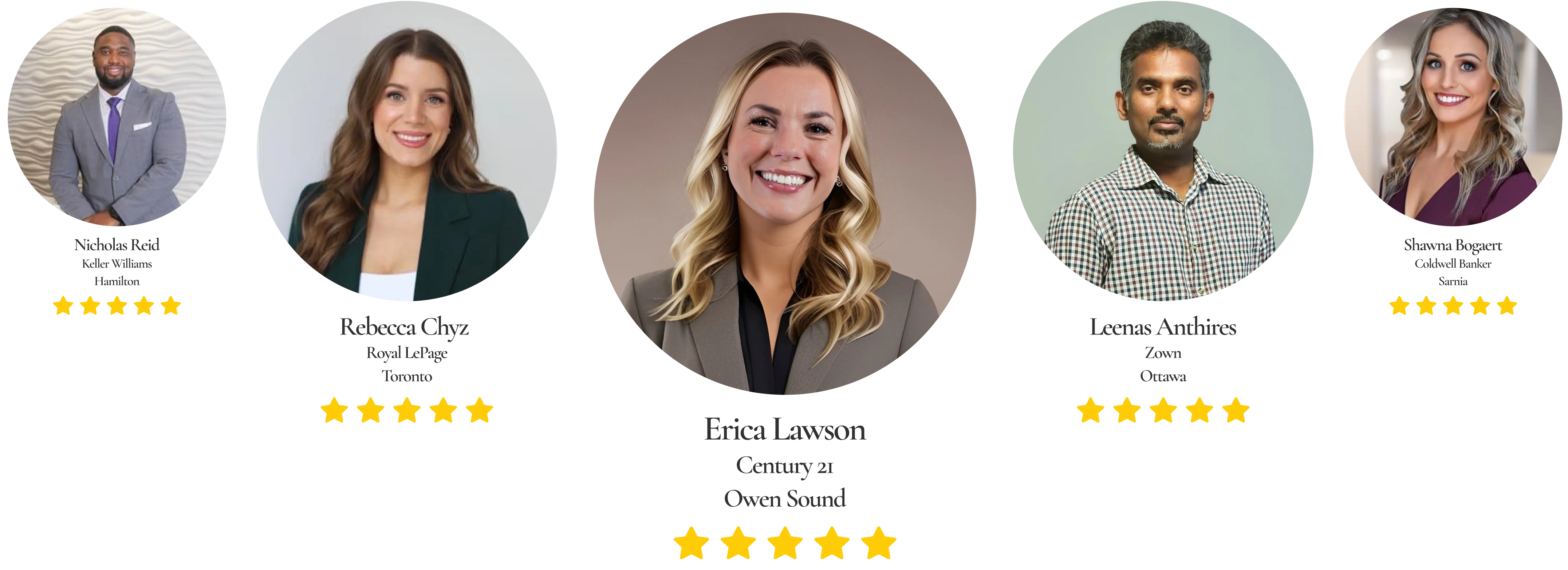 Five smiling real estate professionals in separate circular portraits, each rated five stars, wearing business attire, and representing various brokerages in Canada.