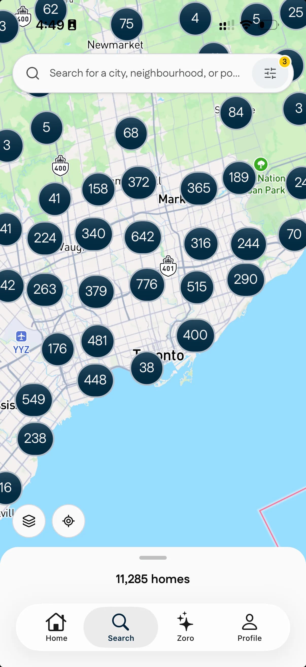 Home search map screen in the Zown app