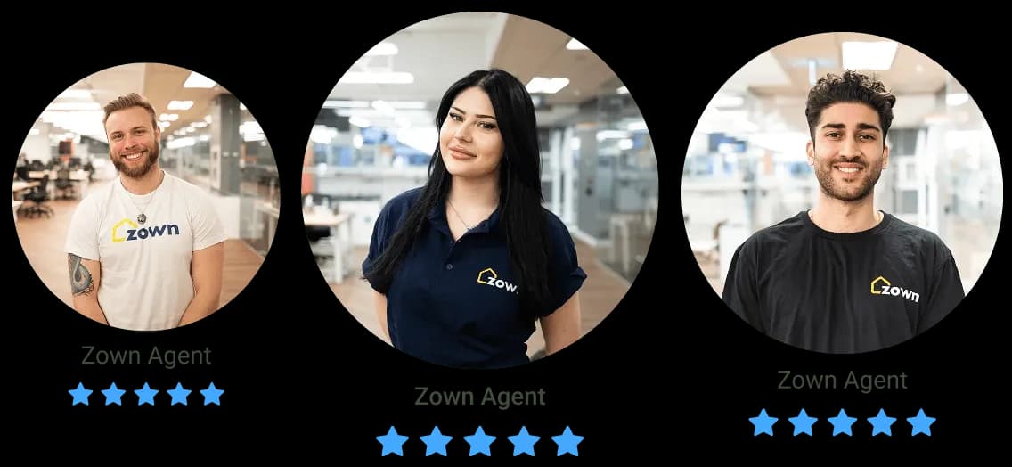 Three Zown agents displayed with profile photos and five-star ratings, representing trusted local experts who guide you through buying or selling with personalized support.