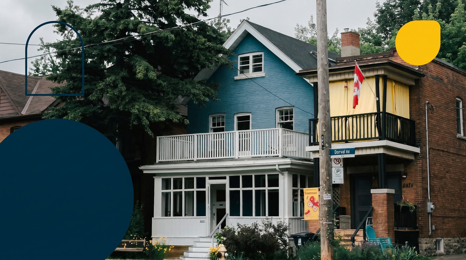 A blue Victorian semi-detached home on a residential Toronto street, illustrating the journey to buying a first home in Ontario.