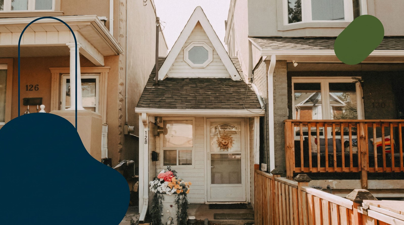 A narrow, right-sized house wedged between two larger homes on a Toronto street, illustrating a modest, well-fitted home purchase.