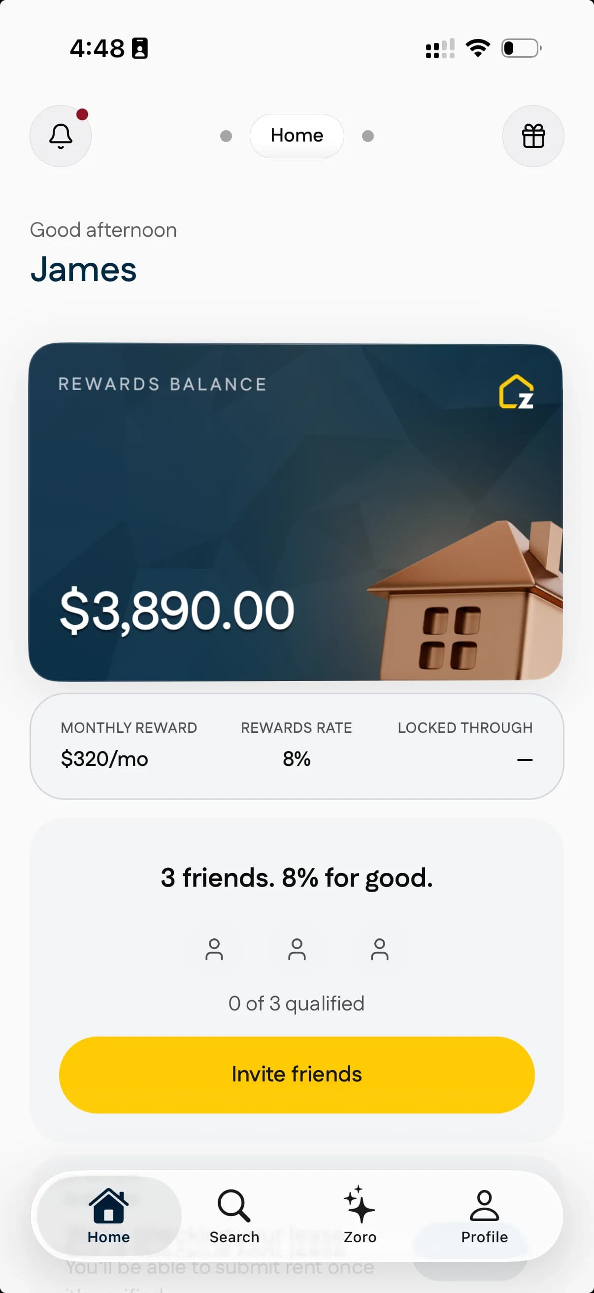 Rewards balance screen in the Zown app
