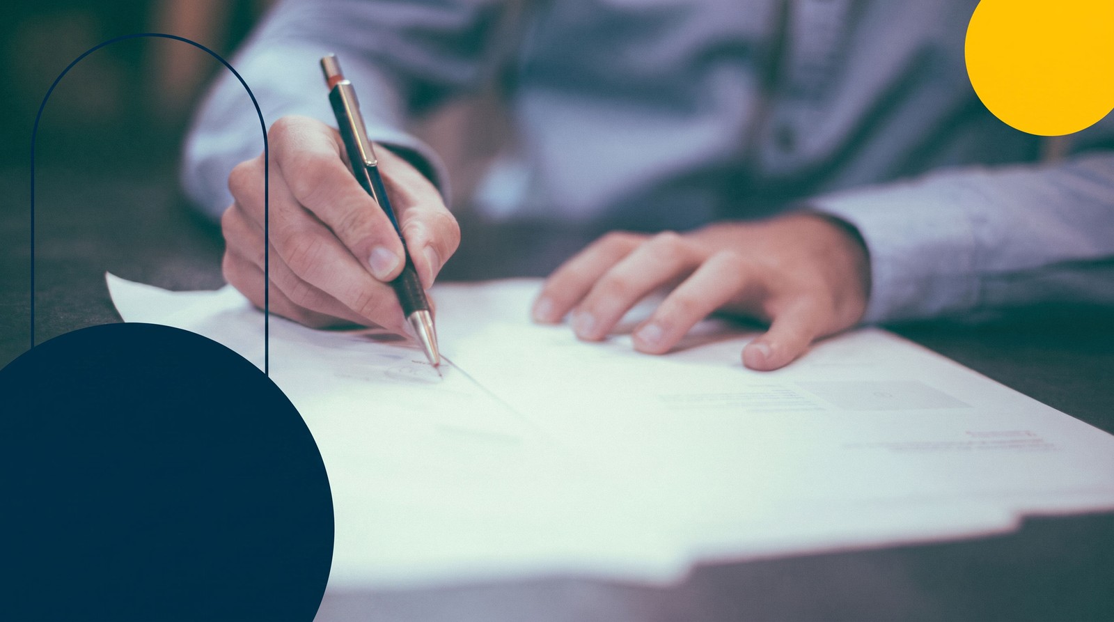A hand signing a real estate offer document with a pen