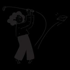 A girl playing golf, shooting a letter with a golf club to symbolize reaching us by email